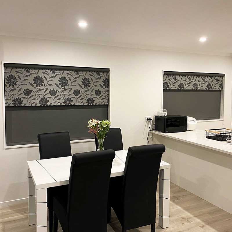 Beautiful modern living room with roller blinds